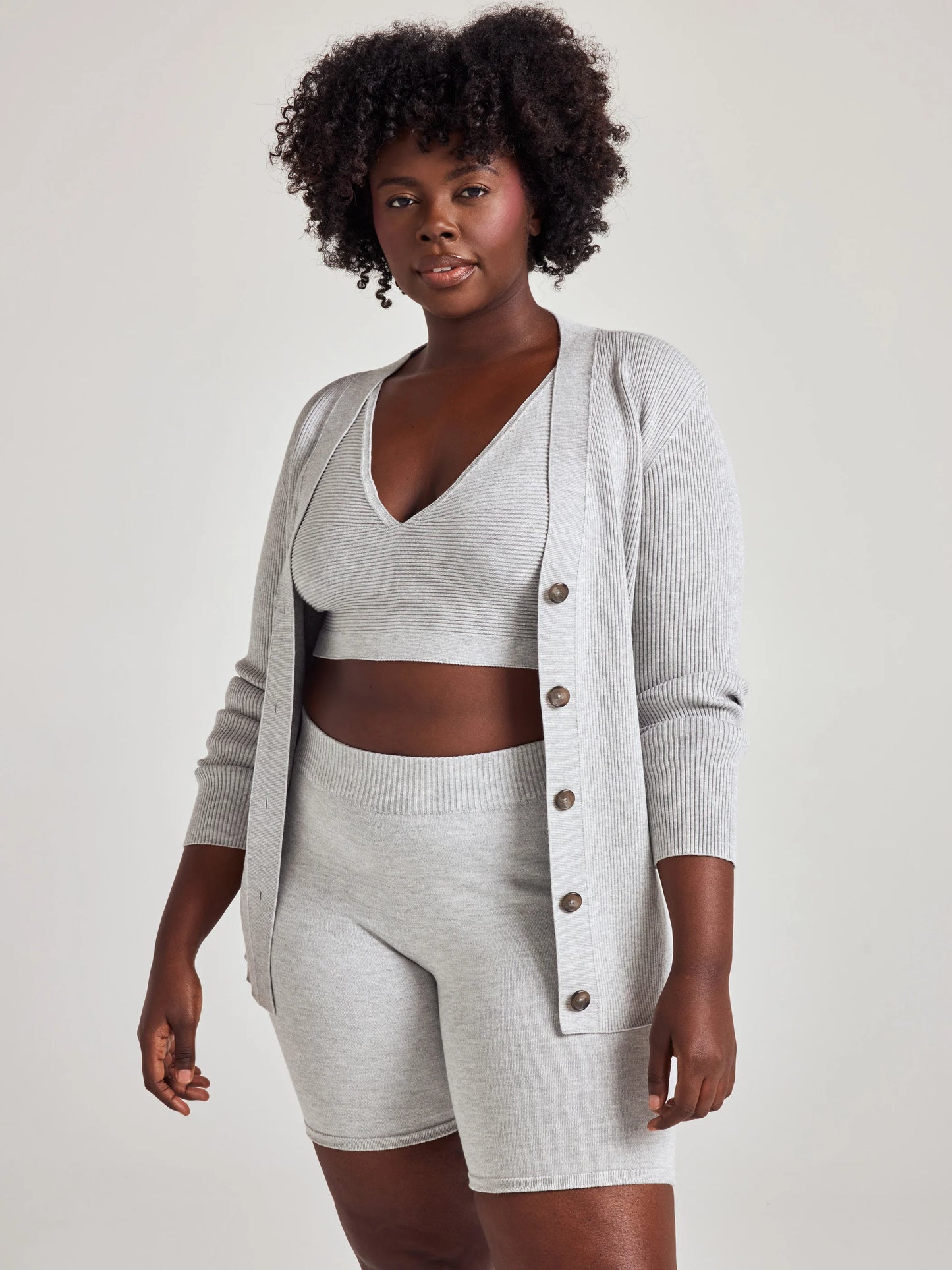model wears cozy rib knit cardigan in grey