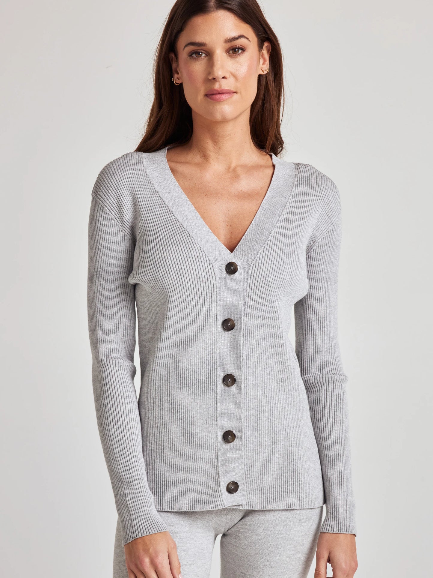 model wears cozy rib knit cardigan in grey