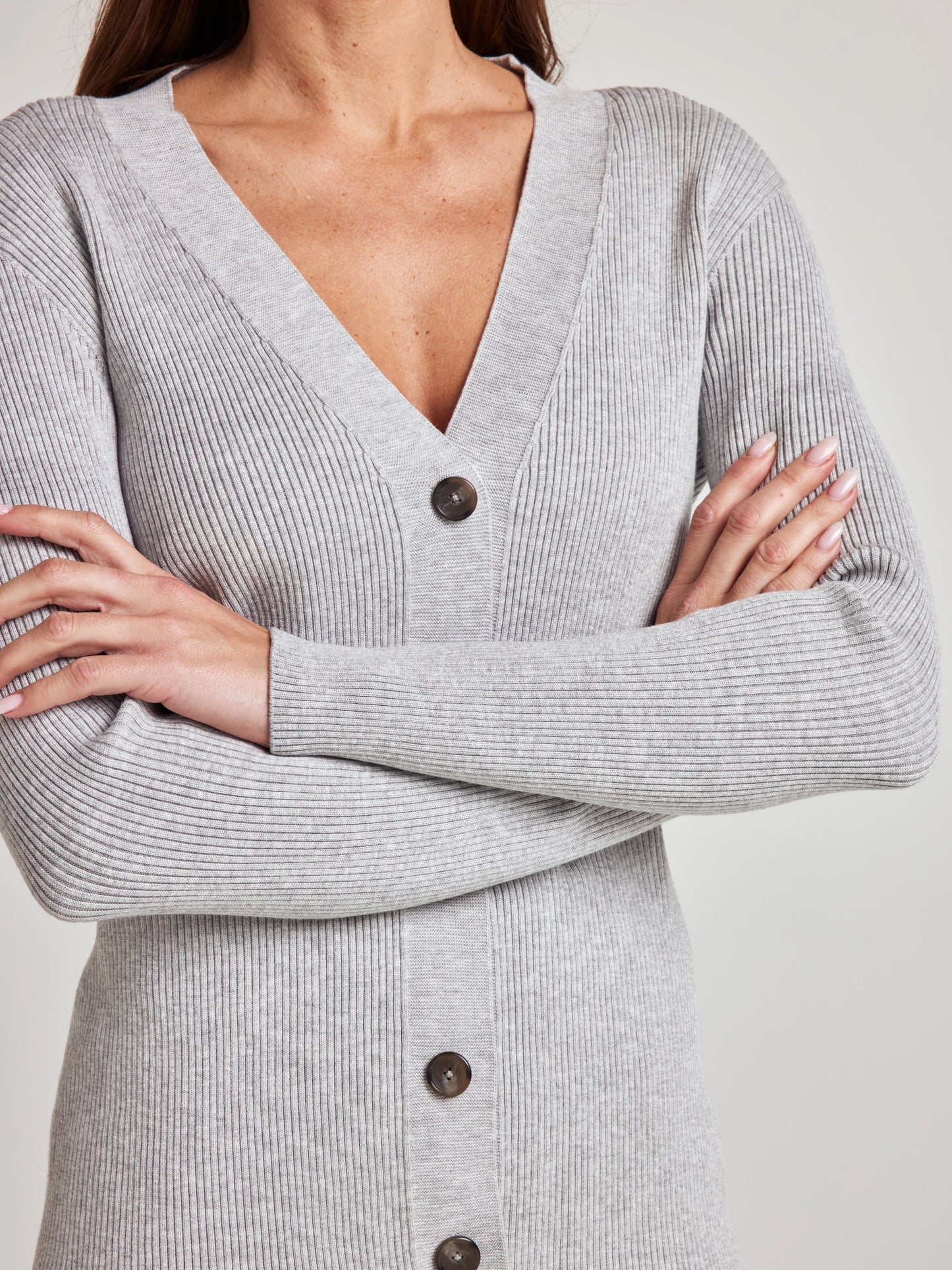 model wears cozy rib knit cardigan in grey