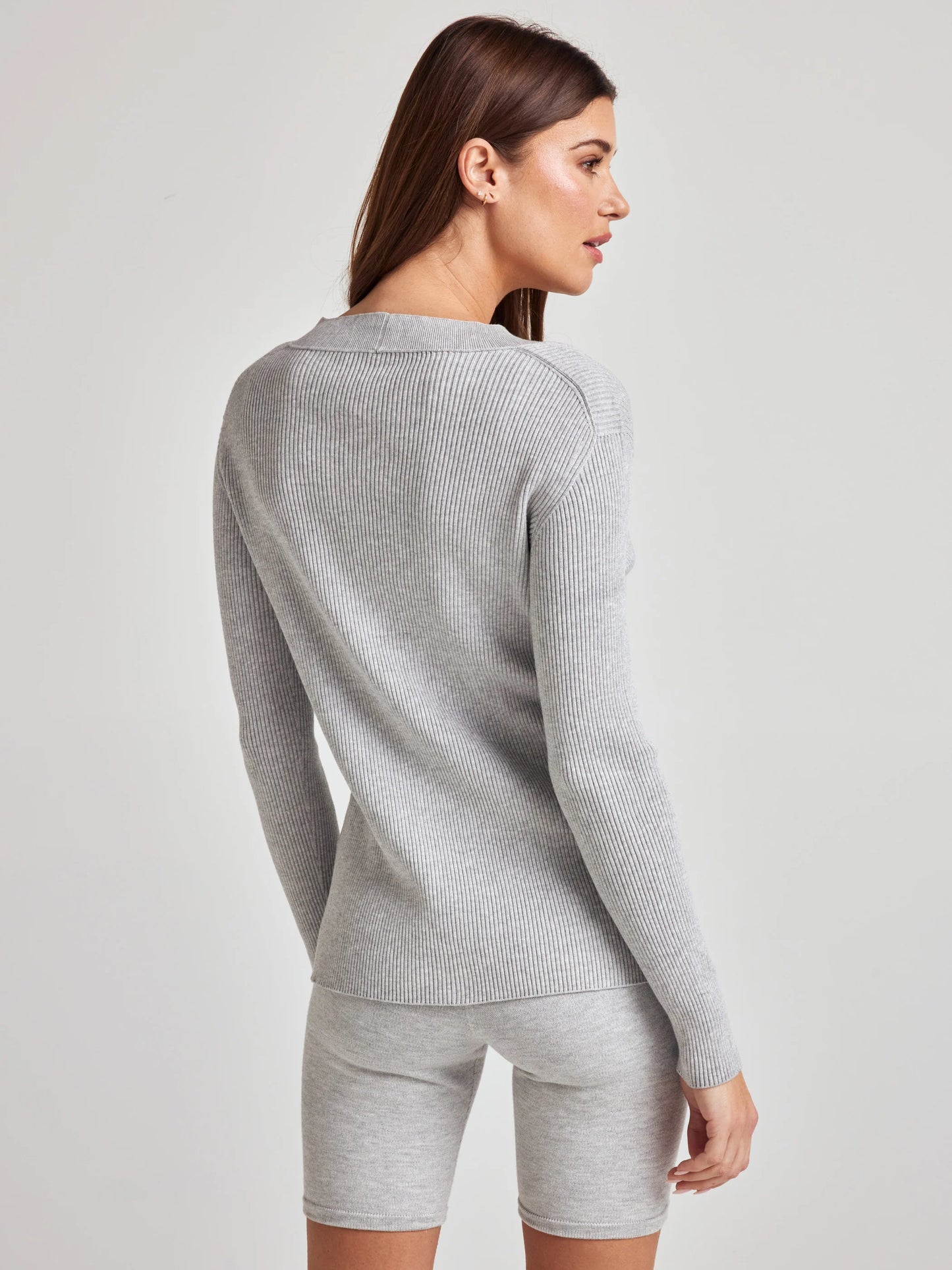 model wears cozy rib knit cardigan in grey
