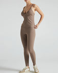 Model wears light brown rib triangle tank with built in bra