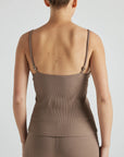 Model wears light brown rib triangle tank with built in bra