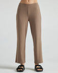 model wears light brown wide leg relaxed rib cropped pant