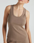 Model wears light brown luxury ribbed tank