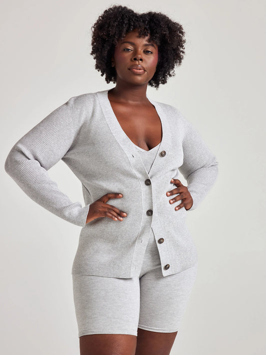 model wears cozy rib knit cardigan in grey