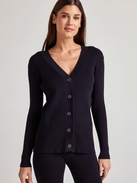model wears cozy rib knit cardigan in black