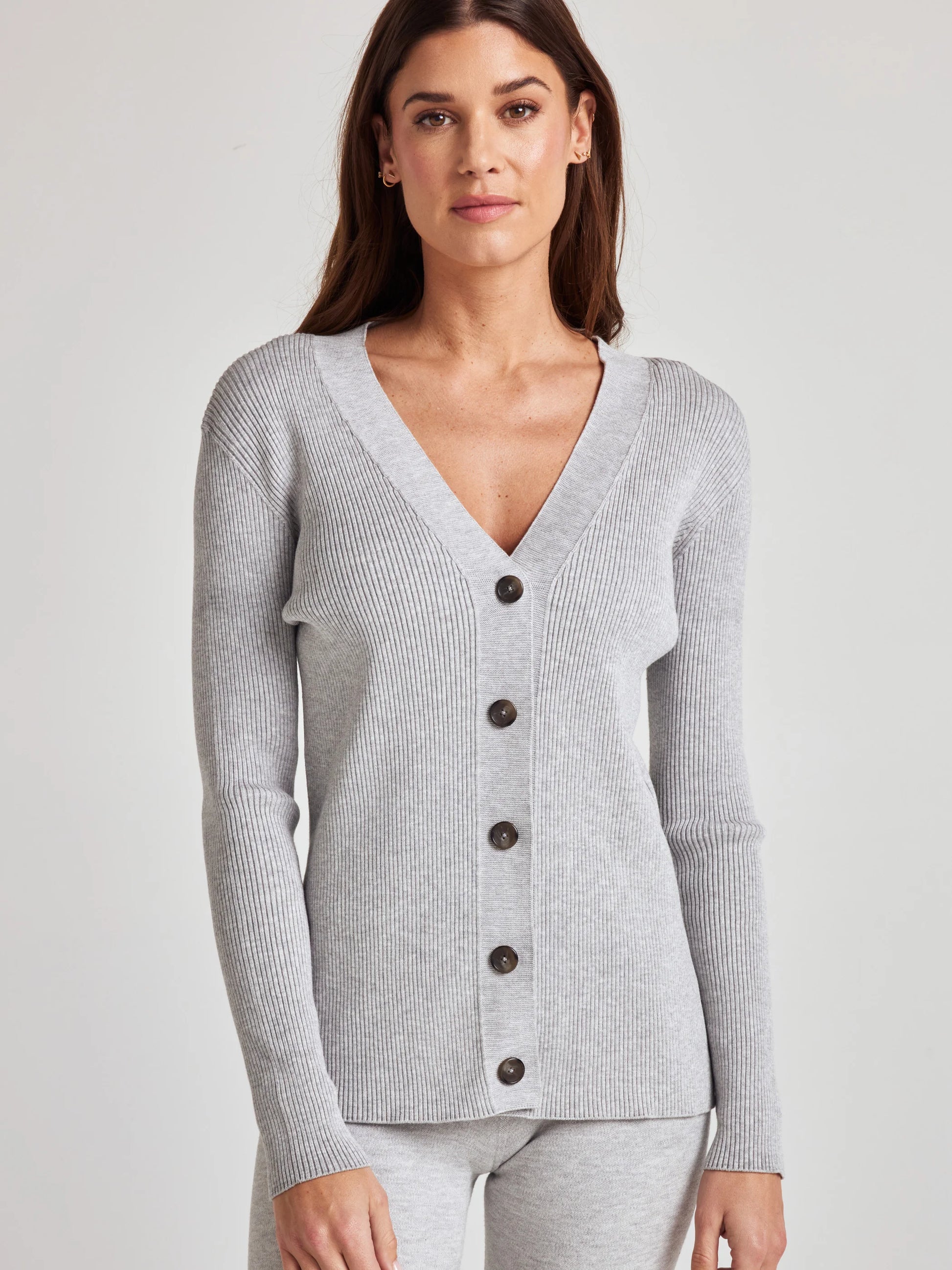 model wears cozy rib knit cardigan in grey
