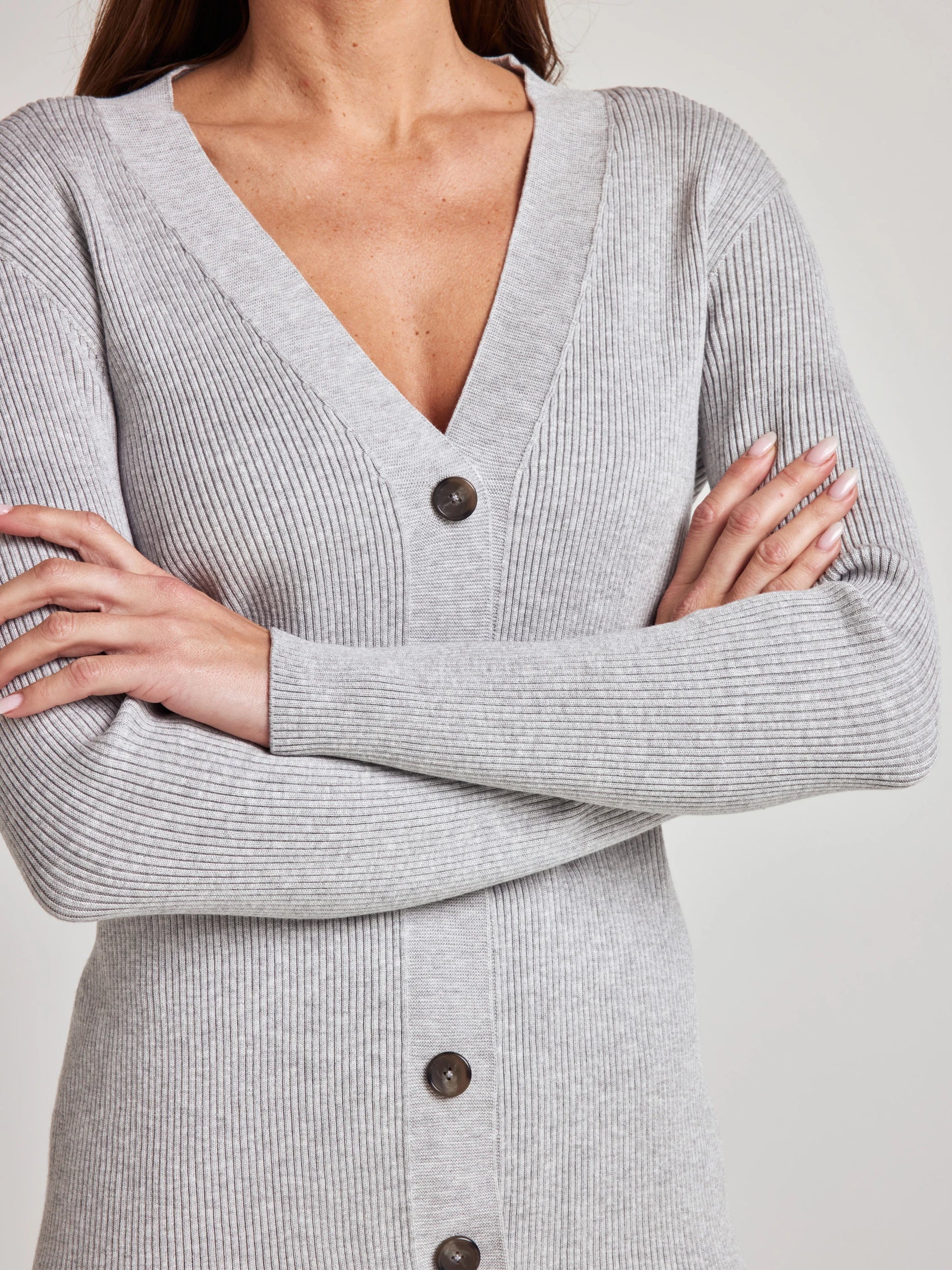 model wears cozy rib knit cardigan in grey