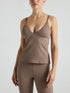 Model wears light brown rib triangle tank with built in bra