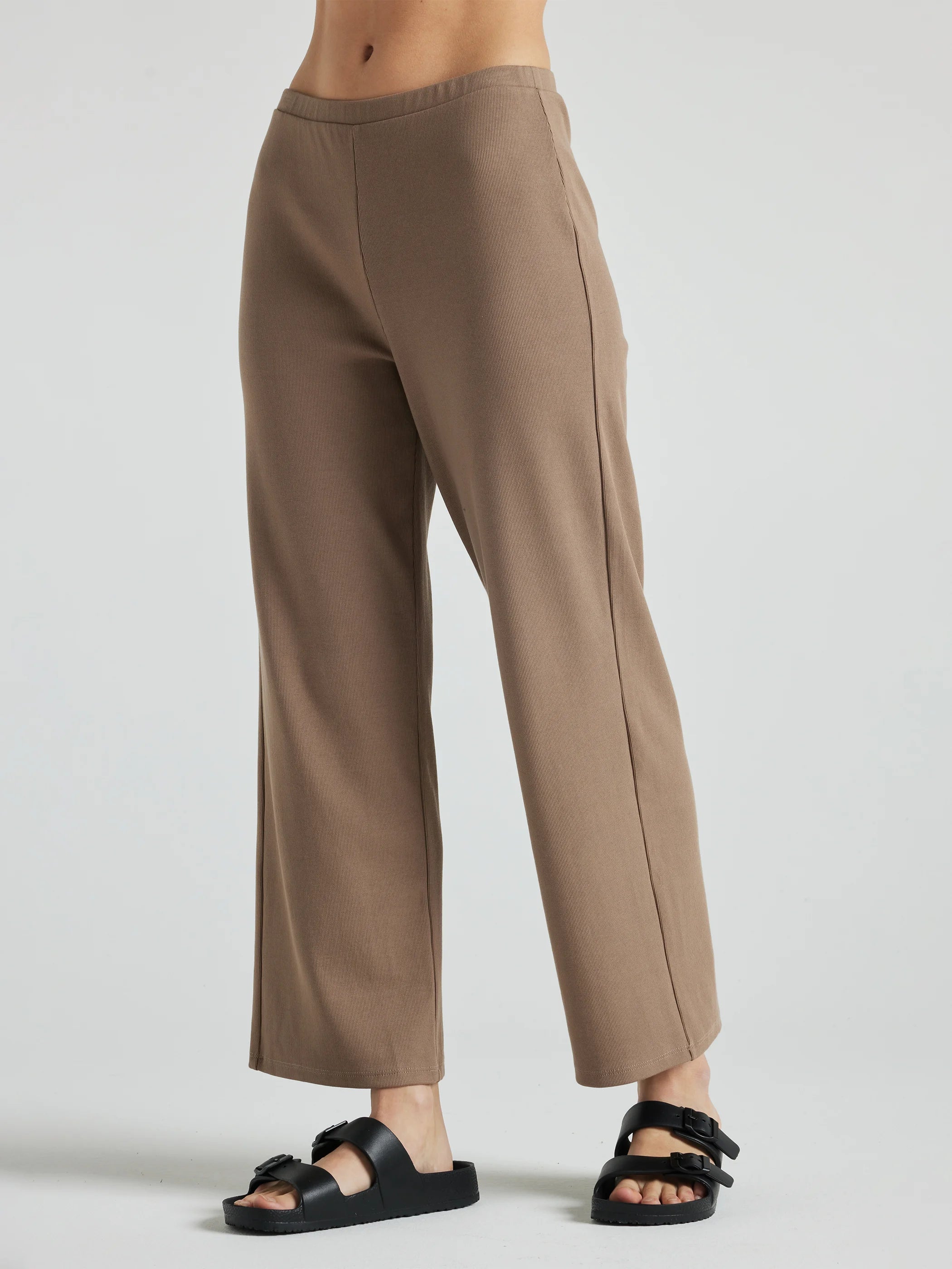 model wears light brown wide leg relaxed rib cropped pant