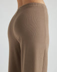 model wears light brown wide leg relaxed rib cropped pant