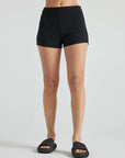 model wears black 3 inch inseam rib shorts