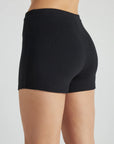 model wears black 3 inch inseam rib shorts