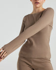 model wears light brown boat neck long sleeve